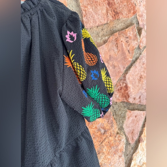 White textured fruit dolce pineapple ruffle bubble sleeve tunic top blouse - Picture 10 of 12